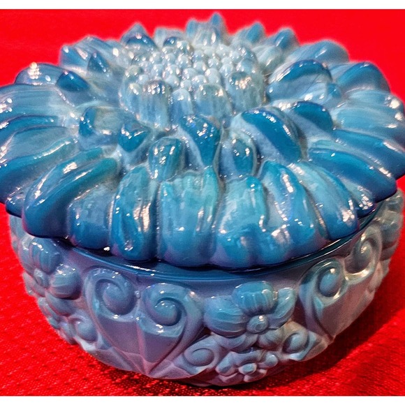 Reidel Bohemian Czech Blue Malachite Glass Powder Box SunFlower Design - Picture 2 of 8